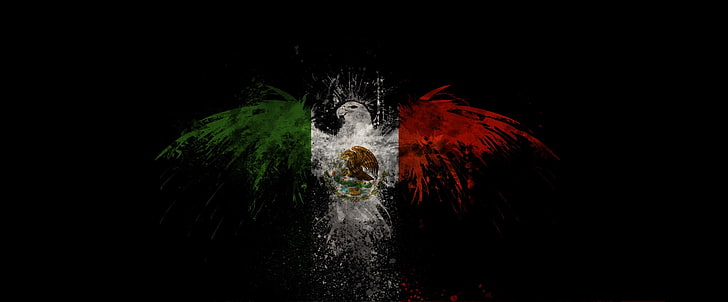 Mexico, flag, eagle, digital art, black background, green, white
