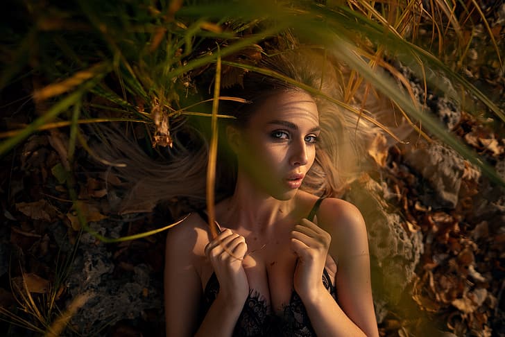 Maxim Gustarev, women, model, looking at viewer, plants, makeup