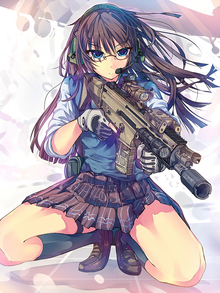 Hd Wallpaper: Anime, Anime Girls, Knee-Highs, Skirt, Gun, Weapon, Glasses |  Wallpaper Flare