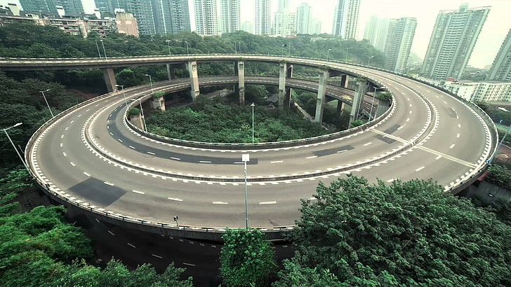 landscape, road, trees, China, empty, building, city, urban, HD wallpaper