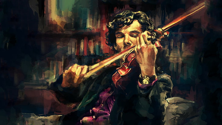 man playing violin painting, alicexz, Sherlock, TV, Benedict Cumberbatch, HD wallpaper