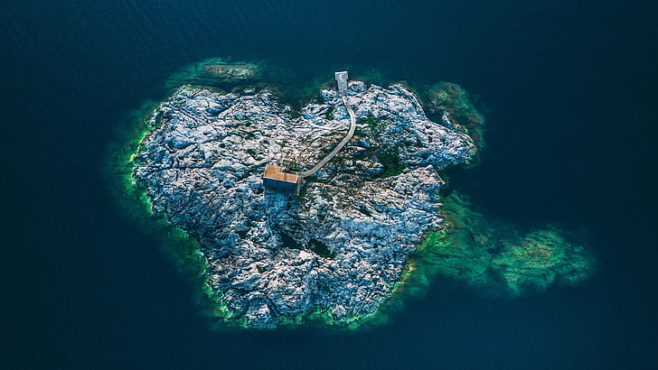 grey and green island, landscape, rocks, sea, water, architecture
