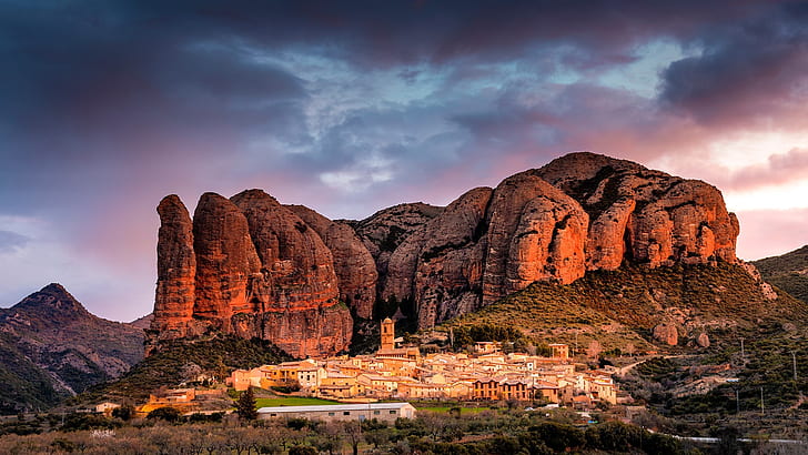 mountains, the city, Spain, Aguero village, Huesca province, HD wallpaper