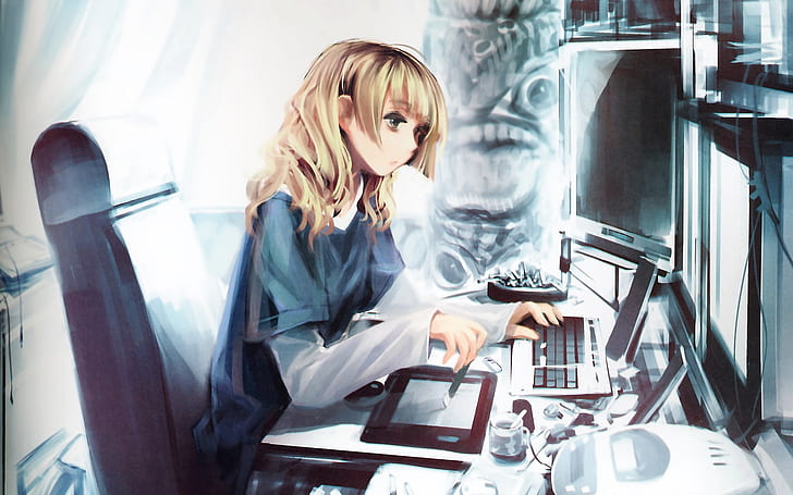 Anime girl with computer, HD wallpaper