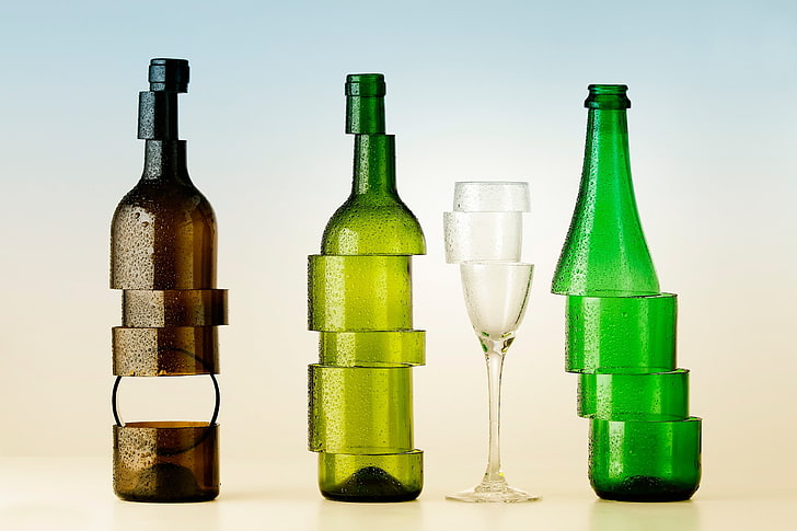 brown and green sliced bottles, creativity, artwork, sculpture