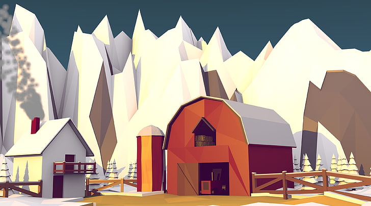 Low Poly Winter Barn v2, brown and red wooden shed, Aero, Vector Art