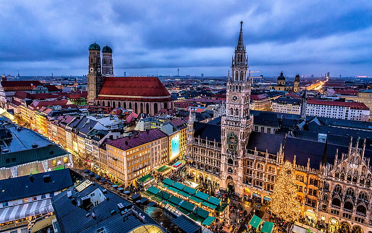 Munich, Germany, city, night, buildings, lights, brown church spire, HD wallpaper