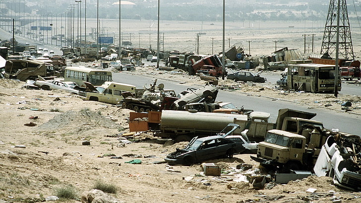 buses, Highway of Death, Iraq, garbage, day, transportation, HD wallpaper