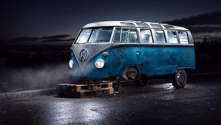 dark, Volkswagen, blue, vehicle, car, cyan, wreck, night, wet street, HD wallpaper