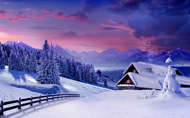 Winter Landscape Snowy Mountains Village Houses Covered With Snow Wooden Fence Forest With Christmas Trees Hd Wallpapers 3840×2400, HD wallpaper