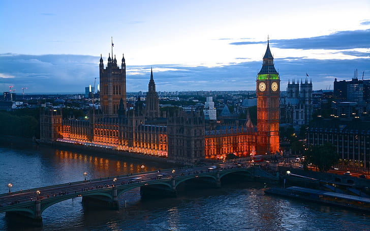 England, London, evening dusk, lights, bridge, river, buildings, HD wallpaper