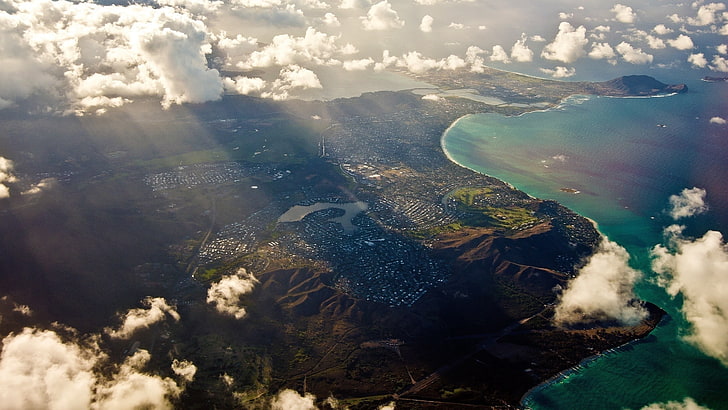 cirrus clouds, oahu, Hawaii, sea, island, landscape, city, beach