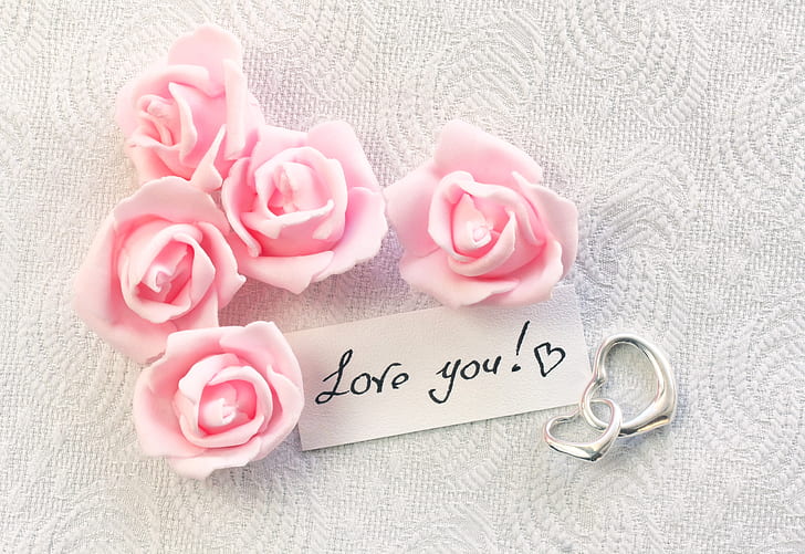 hearts, I love you, pink, romantic, gift, roses, pink roses, HD wallpaper