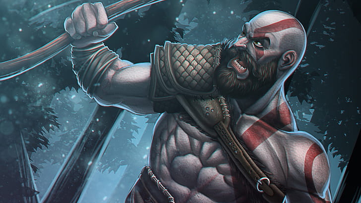 video games, Kratos, God of War, muscles, beards, God of War (2018), HD wallpaper