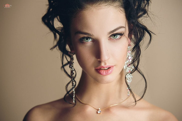 pair of silver-colored earrings, Alla Berger, women, model, face, HD wallpaper
