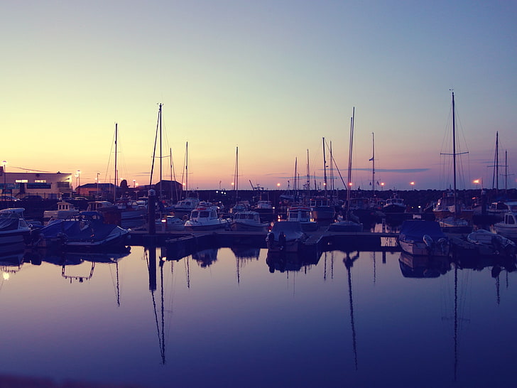 water, boat, reflection, harbor, sunrise, nautical vessel, moored, HD wallpaper