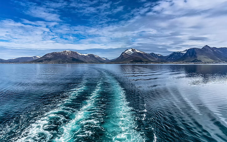 Lofoten, Norway, sea, winter, blue, clouds, clear blue sea near mountain ranges