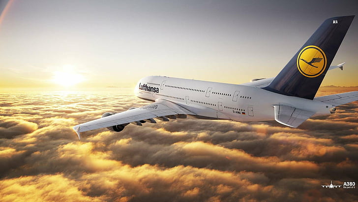 Airbus A380 Lufthansa Sunset HD, white lofttansa passenger plane