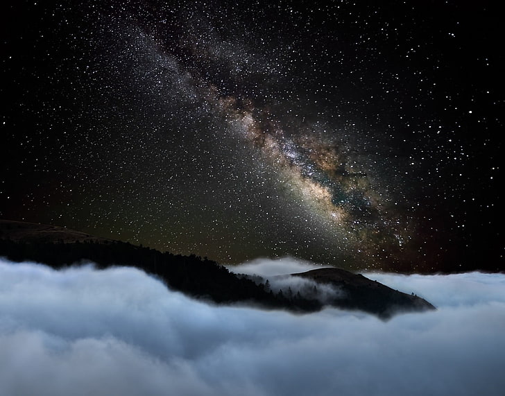 nebula stars, nature, landscape, starry night, mountains, mist, HD wallpaper