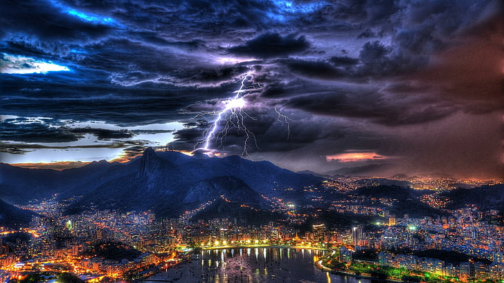 darkness, stormy, evening, night, phenomenon, city, cloud, cityscape, HD wallpaper