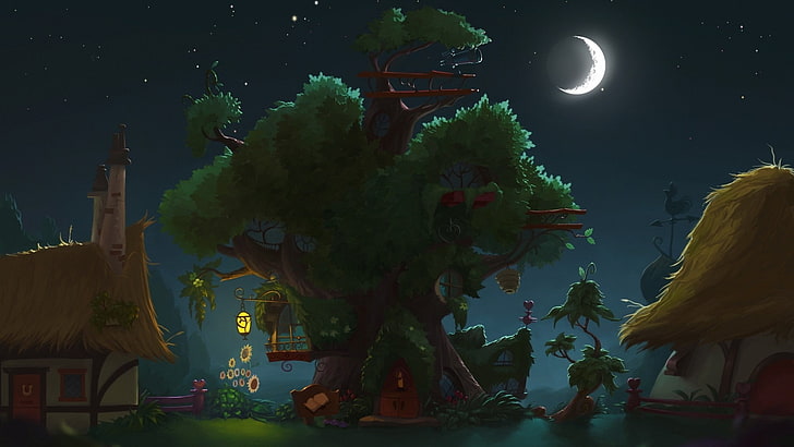 My Little Pony, house, treehouses, Moon, night, fantasy art, HD wallpaper