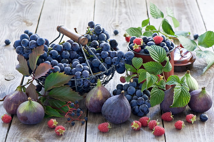 food, fruit, grapes, wooden surface, baskets, healthy eating, HD wallpaper
