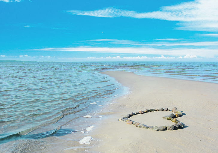 sea??, love, romance, sun, water, sand, rocks, clouds, landscape, waves, beauty, coast, beach, HD wallpaper