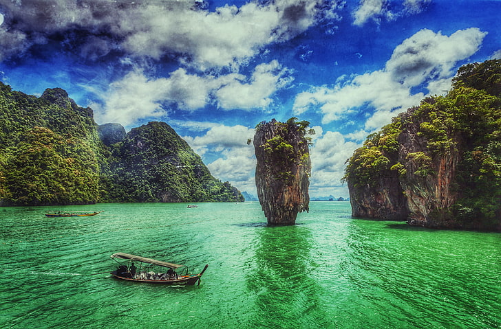 green rock formation, landscape, water, island, Ko Tapu, Thailand, HD wallpaper