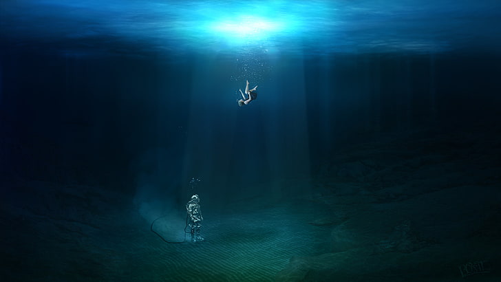 water, underwater, digital art, divers, women, drowning, sun rays, HD wallpaper