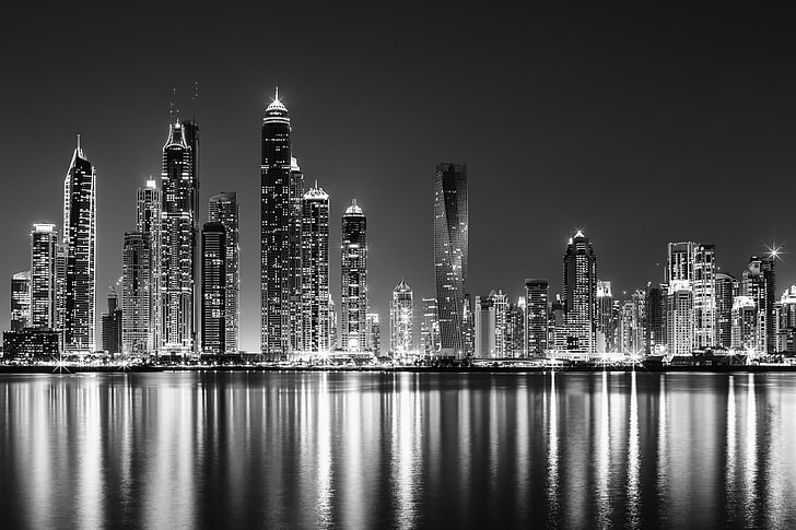 gray high-rise buildings, reflection, Dubai, Metallic Marina