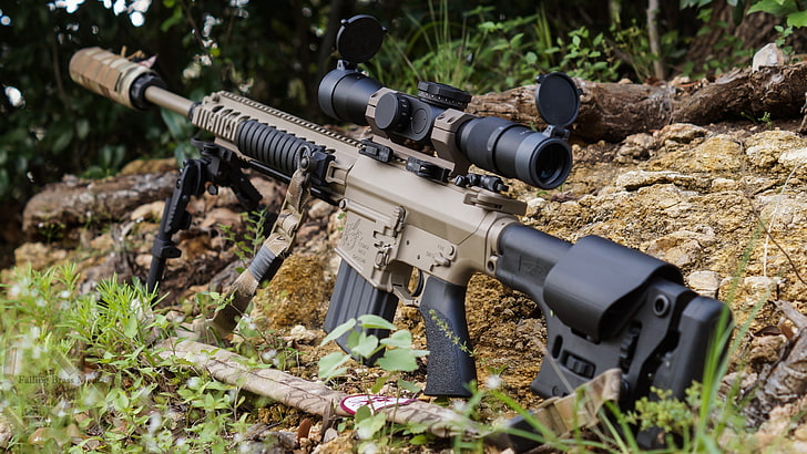 black and brown sniping rifle, gun, rifles, sniper rifle, M110 SASS, HD wallpaper