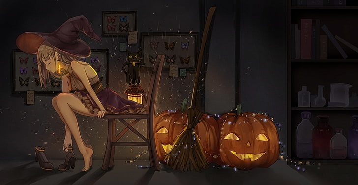 pumpkin, witch hat, Halloween, barefoot, brunette, butterface, HD wallpaper
