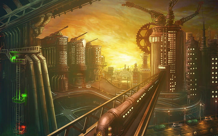 Futuristic urban landscape, industrialized city and train animation, HD wallpaper