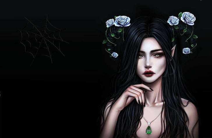 Fantasy, Elf, Artistic, Black Hair, Girl, Gothic, Rose, Spider Web, HD wallpaper