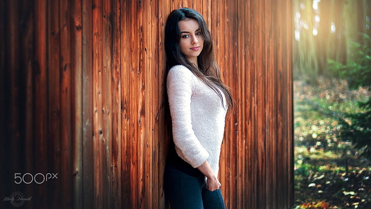 women's gray sweatshirt, Maty Hanák, model, brunette, leggings, HD wallpaper