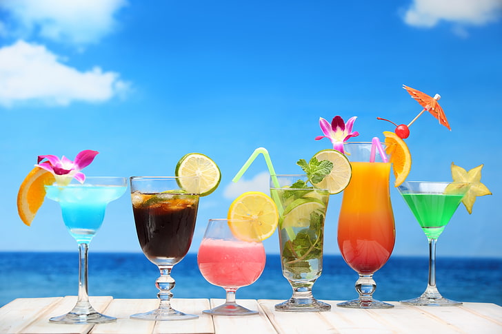 several assorted-flavor mix drinks, sea, beach, cocktail, summer, HD wallpaper