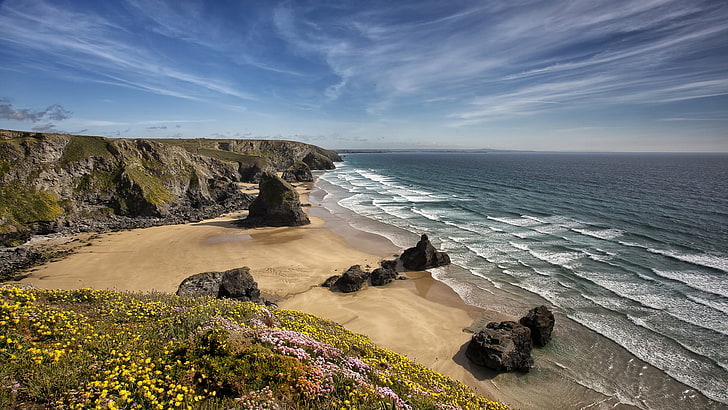 landscape, England, coast, North Cornish, nature, sea, water, HD wallpaper