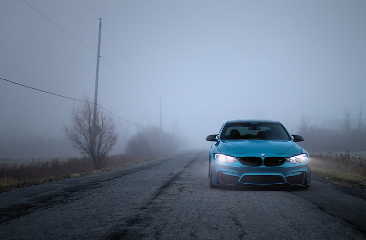 blue BMW car, Light, Autumn, Fog, F80, LED, transportation, road