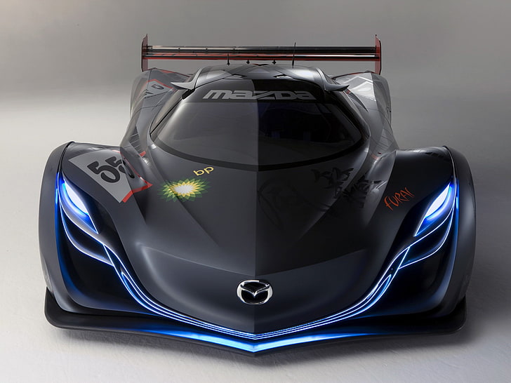 black Mazda Furai sports car, neon, front, mazda furai concept