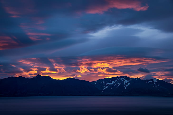 landscape, lake, clouds, mountains, sunrise