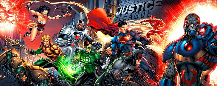 Flash, Composite Superman, cyborg, Wonder Woman, Darkseid, Batman
