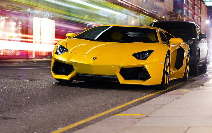 car, Lamborghini, yellow cars, motion blur, mode of transportation
