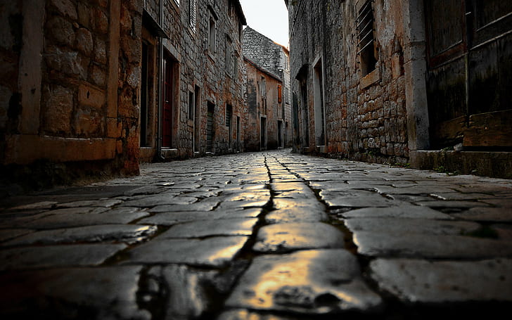 Croatia, vignette, cobblestone, bricks, street, worms eye view, HD wallpaper