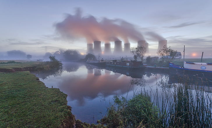 nuclear power plant, smoke, cooling towers, environment, trees, HD wallpaper