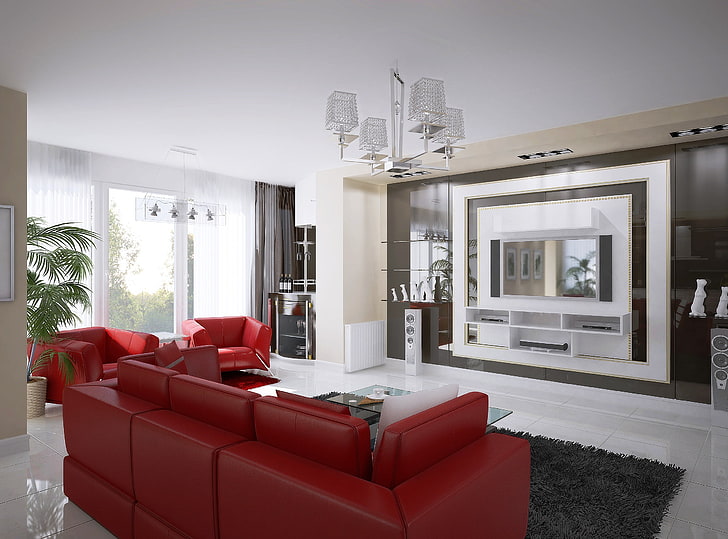 red leather 3-piece sofa, design, room, interior, modern, luxury, HD wallpaper