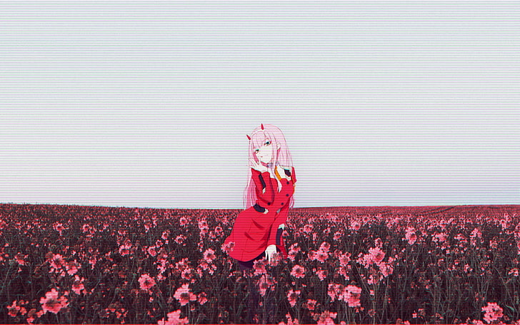 anime girls, glitch art,  flower, Darling in the FranXX, Zero Two (Darling in the FranXX)