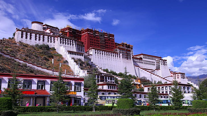 Wondrous Potala Palace In Lhasa Tibet, visitors, town, hill, nature and landscapes