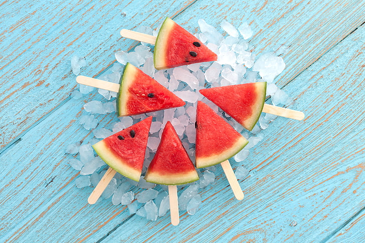 sliced watermelons, sticks, slices, water melon, fruit, healthy eating, HD wallpaper
