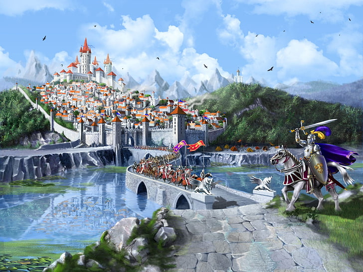 knight near palace painting, forest, mountains, bridge, city