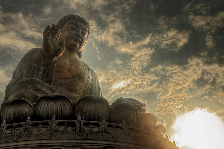 Gautama Buddha statue, the sky, the sun, clouds, buddhism, religion, HD wallpaper